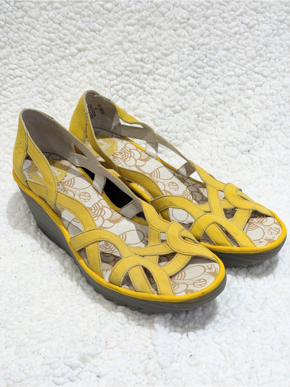 Rare FLY London Shoes Mustard Yellow Nubuck Open Toe Wedge Sandal US 10 EU41 EUC